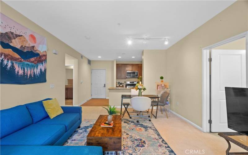 Full view of open floor plan living room to kitchen