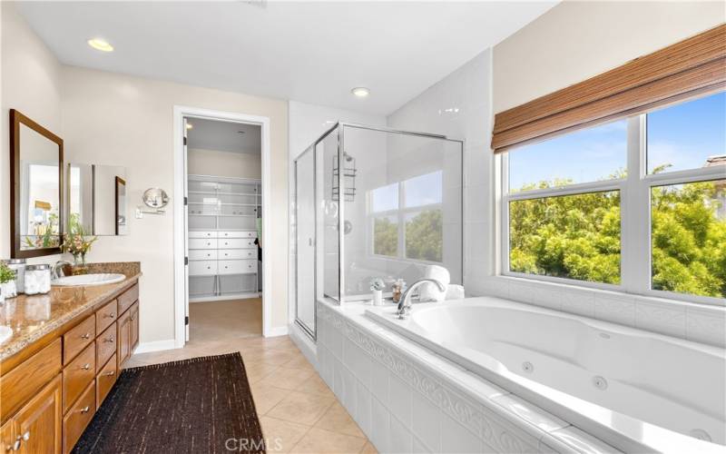 The primary ensuite has dual sinks, a soaking tub and separate shower.  The large walk-in closet has built in closet organizers.