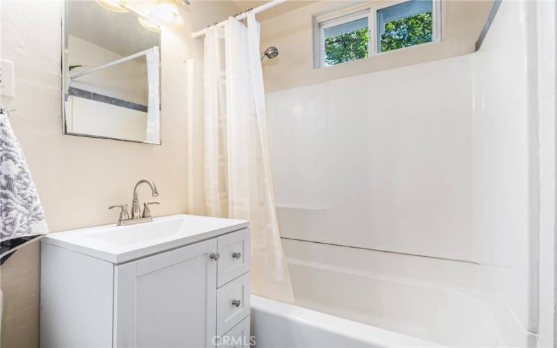 The main bathroom offers a vanity with storage and a tub/shower combination.