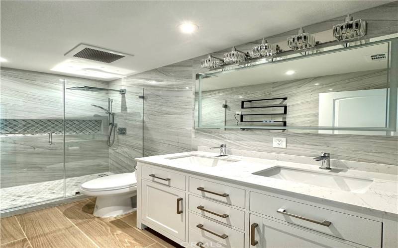 Hallway Bathroom Full Slap to ceiling, 300 CRM hoods, Framless Shower, Towel Bar