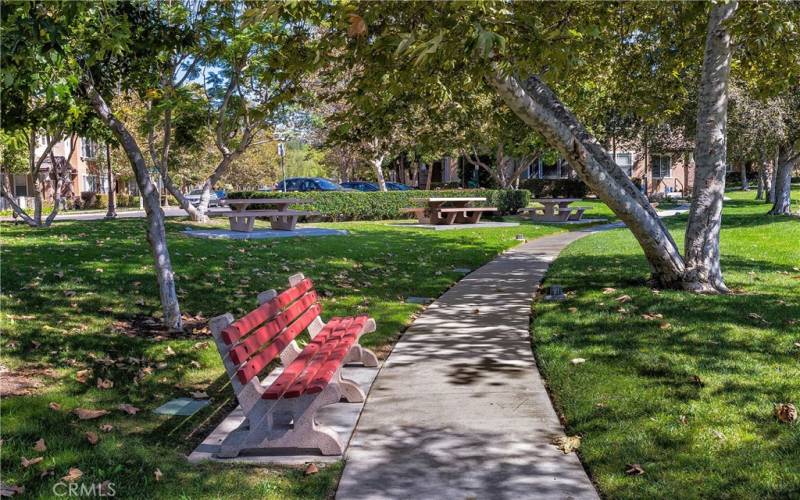 Walking area with shade to enjoy the California weather.