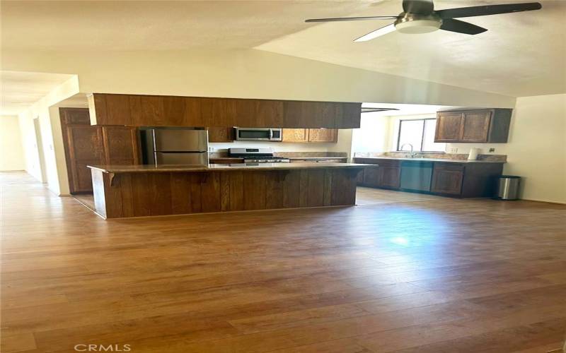 Open kitchen with high ceilings