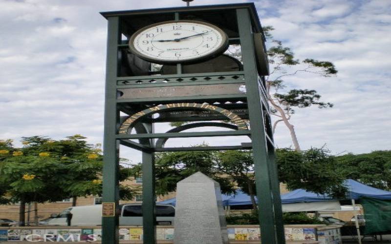 The clock tower at the weekly farmers market every Saturday morning.