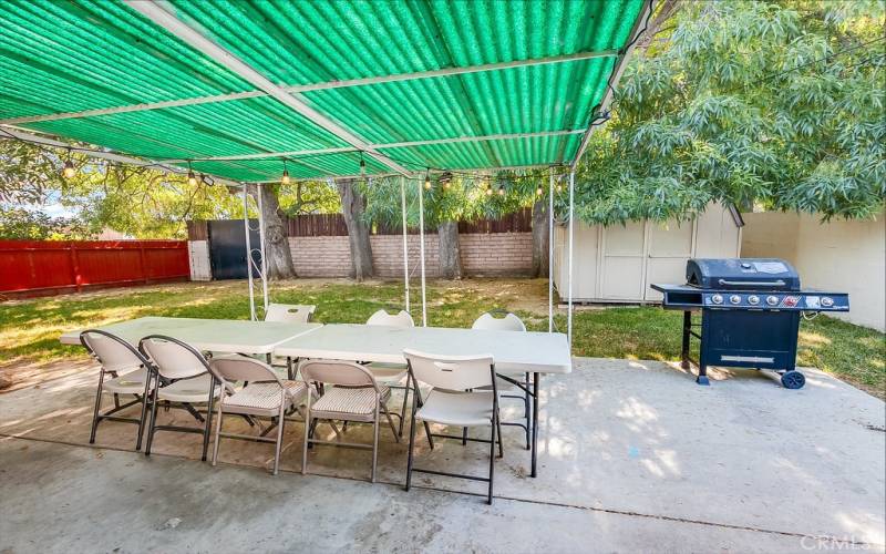The private backyard will be a favorite entertainment destination with its covered patio and abundant towering shade trees.