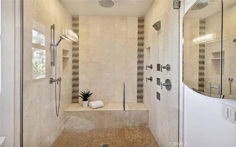 Master walk-in shower with double head shower heads.