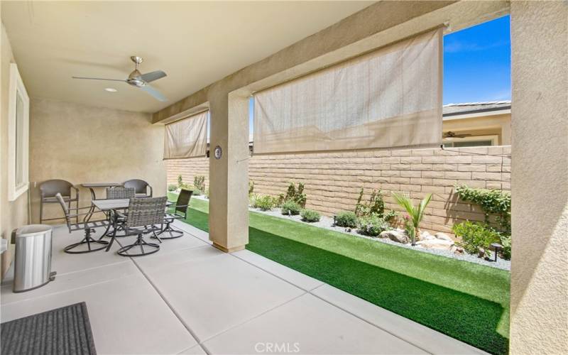 Covered Backyard Patio w/ Ceiling Fan, BBQ Grill, Awning Fully Landscape.