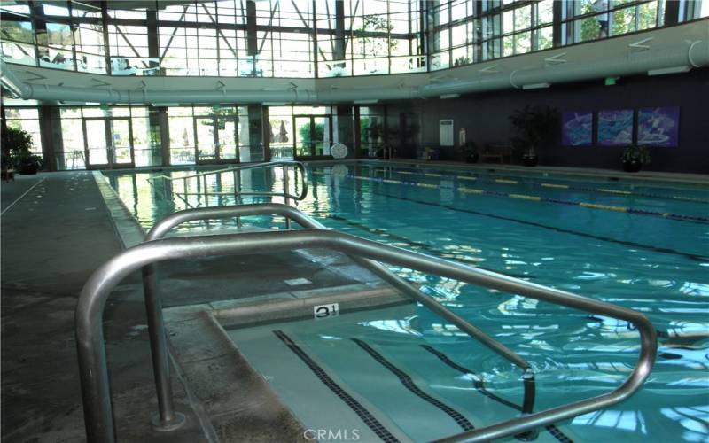 The Indoor Pool is for laps and Water Aerobics Classes; An air-conditioned indoor Walking Track is above pool.