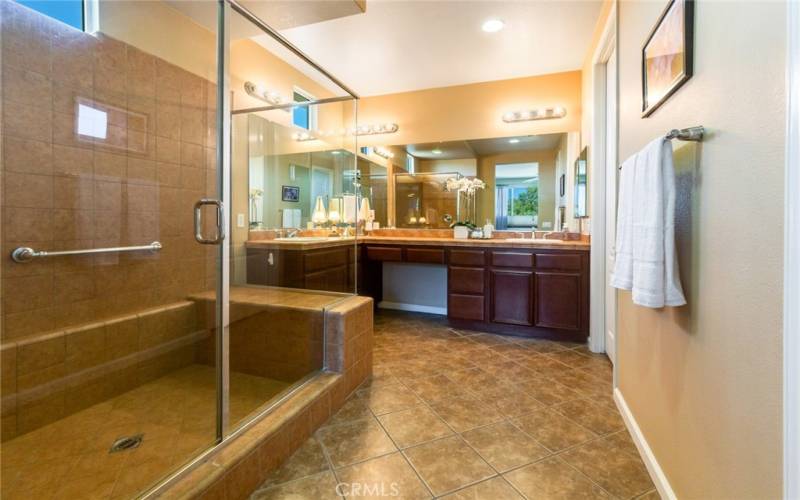 Primary Bathroom has upgraded tile treatments, a double-sink vanity plus, a huge Walk-In Closet and Private W/C door.