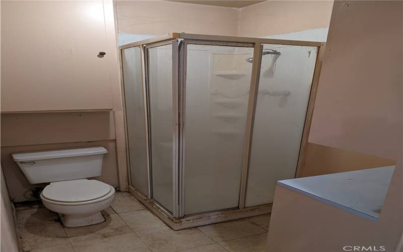 Bath 1 Alt View: Beyond the vanity, the shower and toilet are behind a door with multiple storage cabinets.