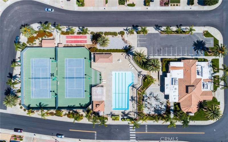 Overhead view of HOA sport courts, pool and clubhouse