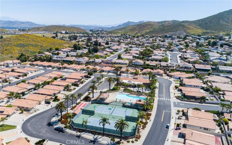 Aerial view of HOA sport courts, pool and clubhouse