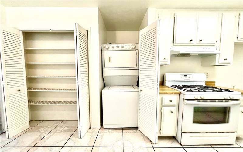 Pantry, stackable washer and dryer unit, and stove