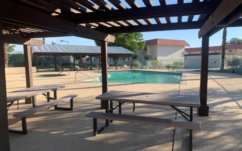 covered patio with pool