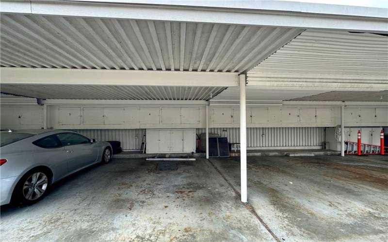 Carport is steps from the home & provides storage cabinets