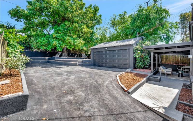 2-car garage and shaded patio