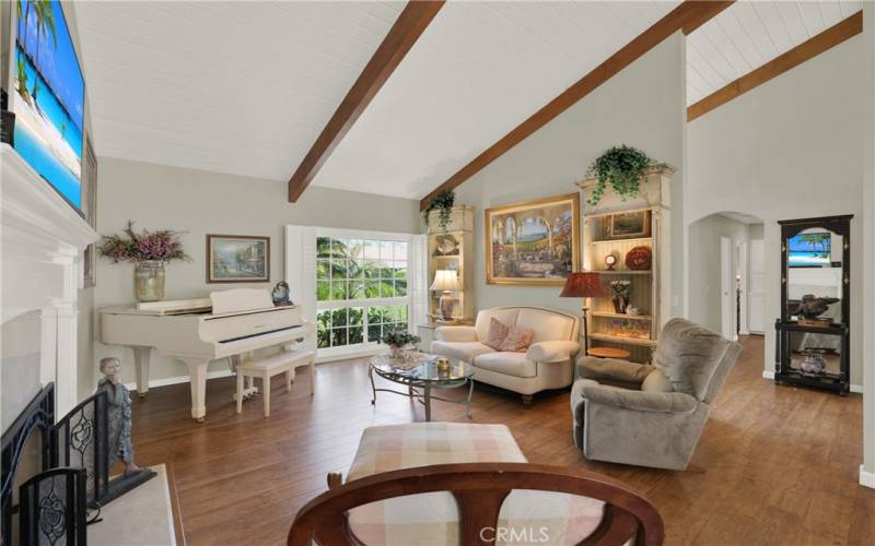 Living room includes fireplace and windows letting light & lush landscape views in from the front.