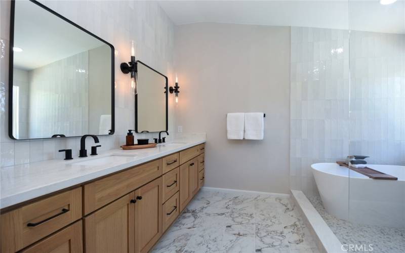 Primary Bath with dual, white oak vanity