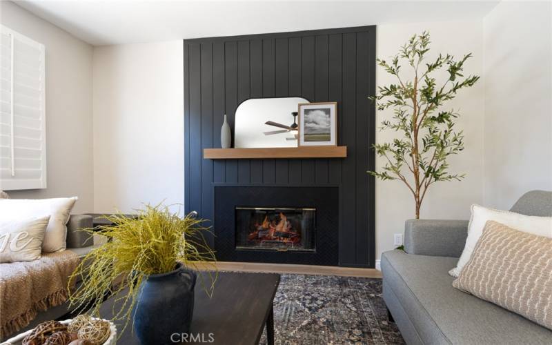 Custom fireplace with white oak mantle