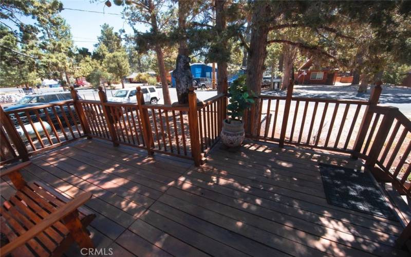 View from the front porch deck looking towards the road.  Lots of trees!