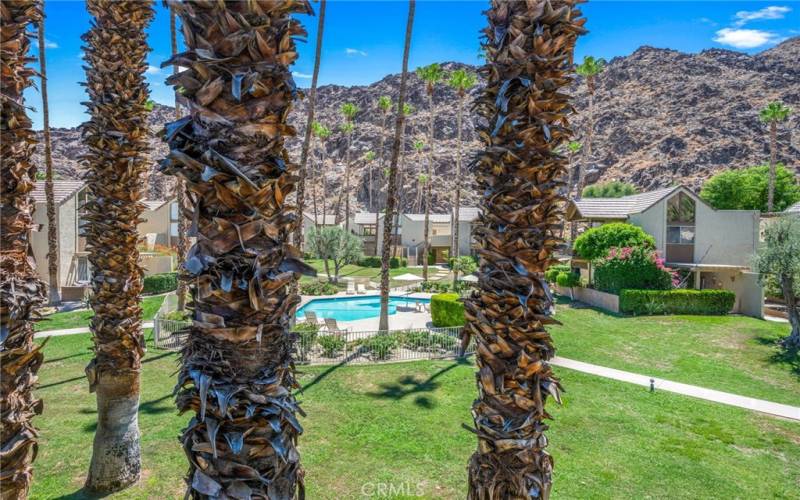 Views of pool and mountains from balcony