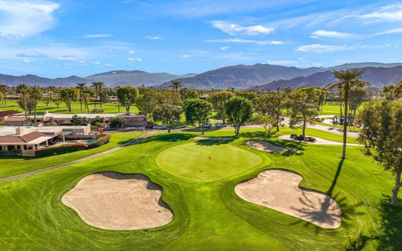 Drone shot of 9th hole and 27 Stanford