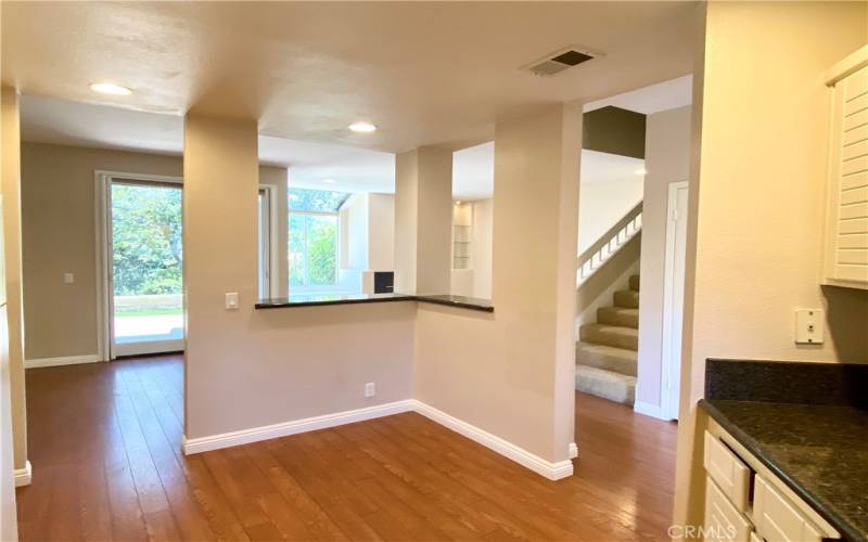 View from kitchen to living area and patio