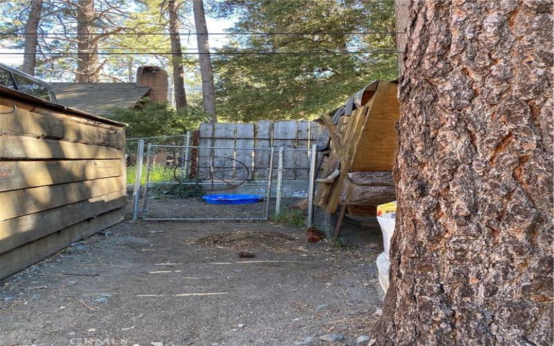 Right side of yard with fenced dog run