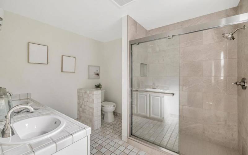 Primary bathroom has a brand new walk in shower with all new fixtures and shower door.