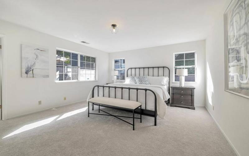 Primary bedroom with new carpeting, fresh paint, and new lighting.