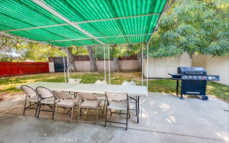 The private backyard will be a favorite entertainment destination with its covered patio and abundant towering shade trees.