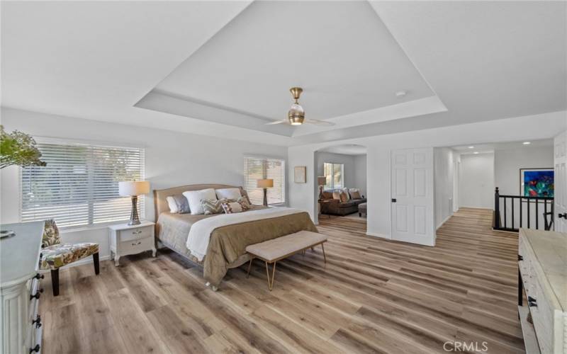 A huge primary bedroom with unusual ceiling design