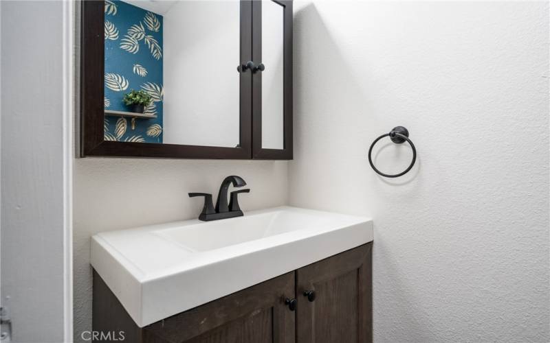 The downstairs ½ bath has a vanity with matte black finishes and a mirrored medicine cabinet.