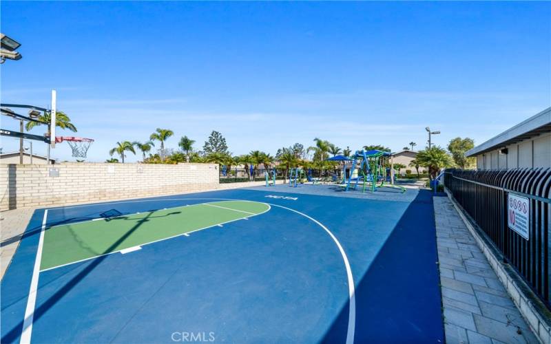 Basketball court, playground and picnic tables!
