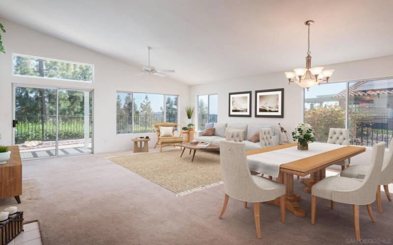 Living Room and Dining Area combo has incredible views. Virtually staged photo.