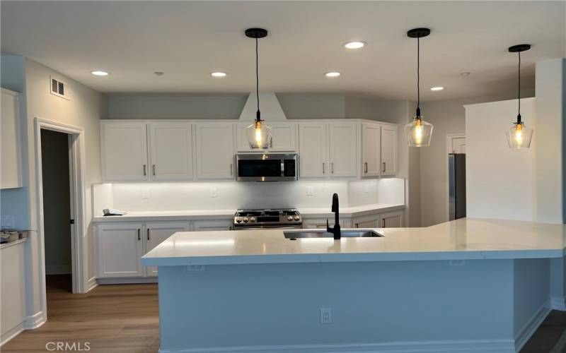 Newly redone kitchen with shaker style cabinets, new quartz counters, new appliances, new lighting.