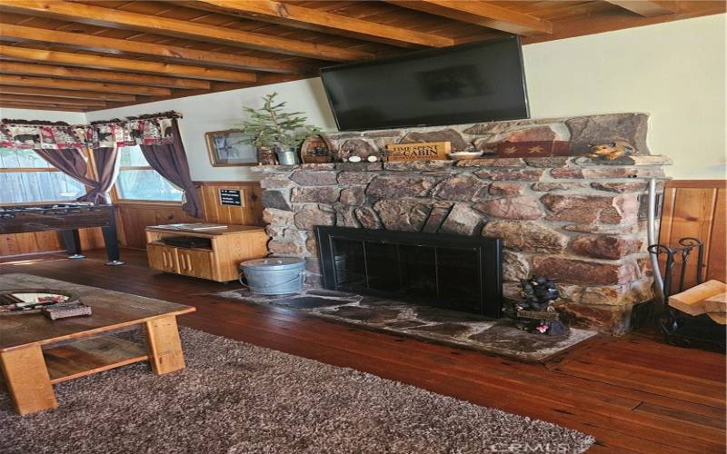 Living room area with rockstone gas fireplace