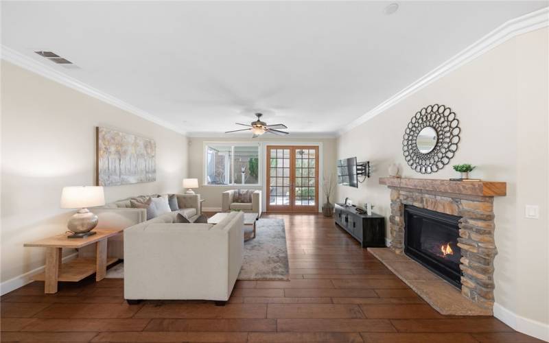 Family room with french doors to backyard