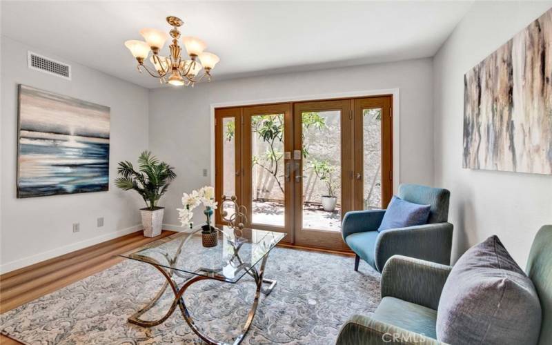 Family room with French doors to private patio