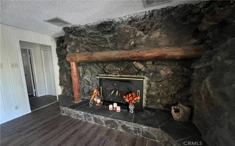 Family room with wood burning stove.