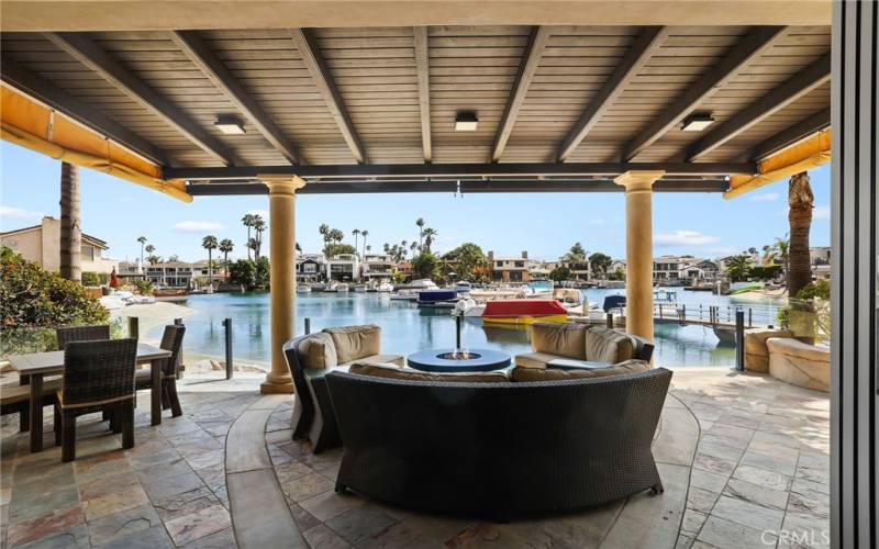 Patio with bay view and firepit