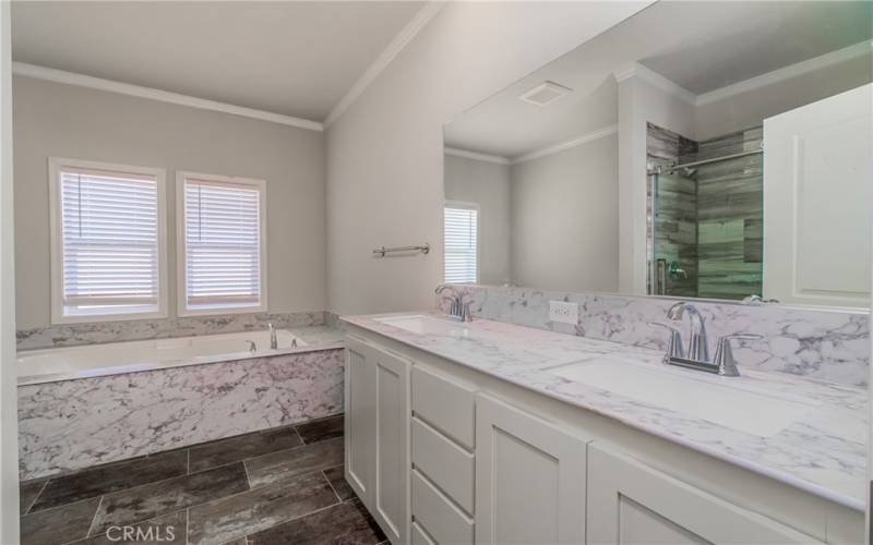 Primary bath with dual sinks, solid surface counters