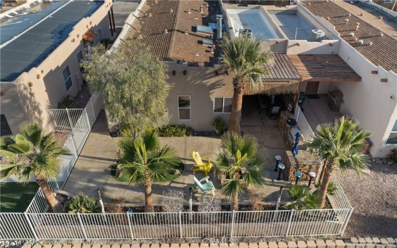 Aerial view backyard and rooftops