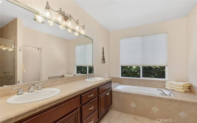 Primary bathroom - dual sinks and soaker tub