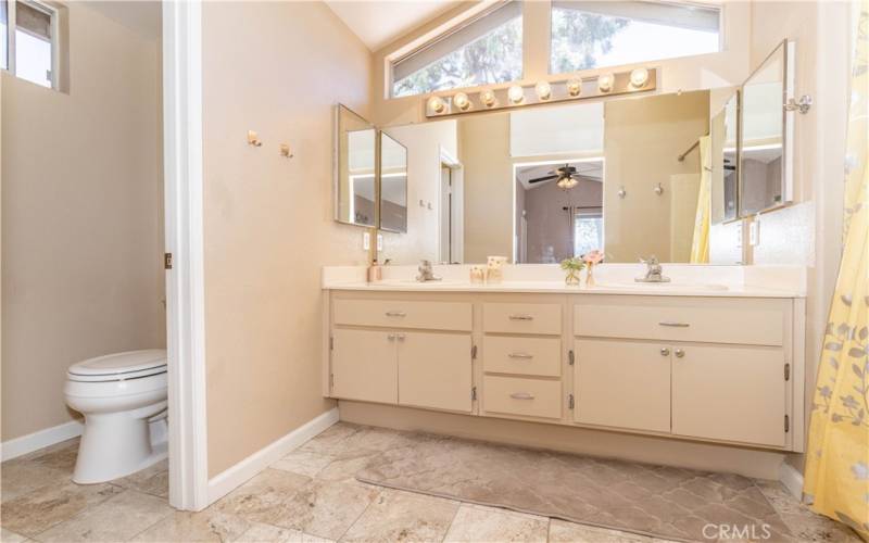 Primary bathroom with arched window, double sinks, separate toilet with door.