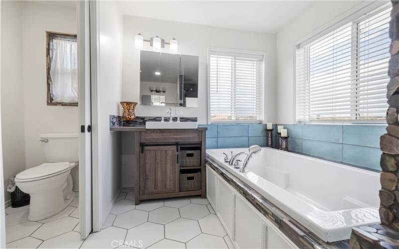 Soaking tub, single vanity and privacy toilet with pocket door