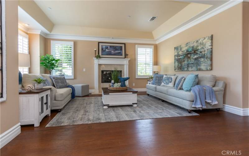 Gorgeous living room with gas fireplace and wood floor.