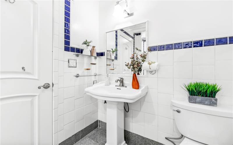 Hall bathroom with shower in tub