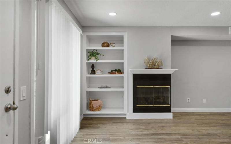 Built-in shelves, gas fireplace