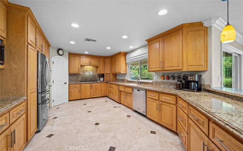 Huge upgraded kitchen is a chef's dream, complete with stainless steel appliances, a walk-in pantry, ample cabinets, and counter space