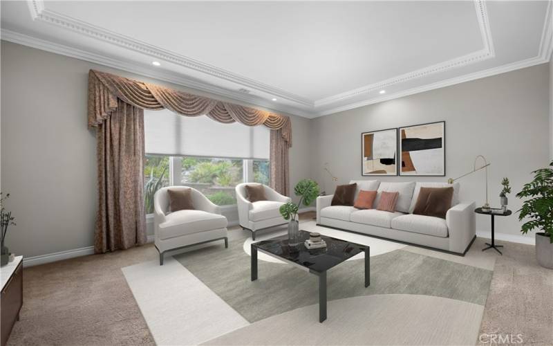 Virtually staged - Living Room With soaring 11 ft coffered ceiling, remote-controlled blinds/shades, recessed lighting, and crown molding.